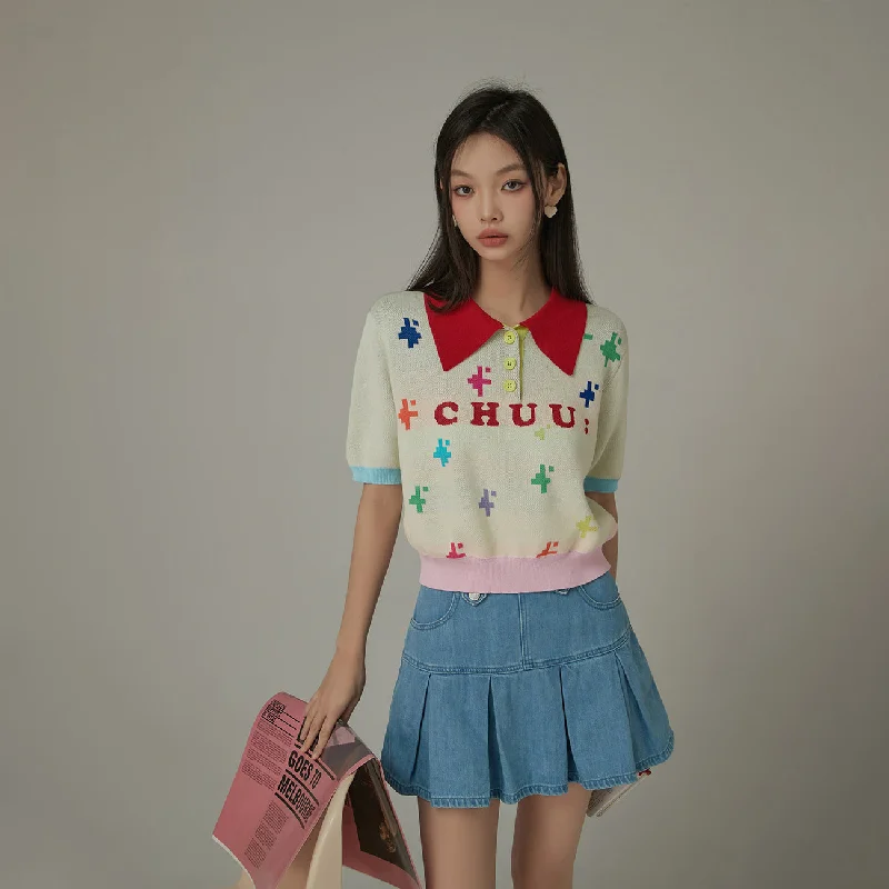 Polo Neck Color Blocked Multi-Color Pixel Block Pattern Knit Top