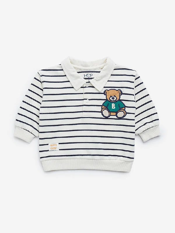 HOP Baby White Striped Cotton Blend Polo Sweatshirt