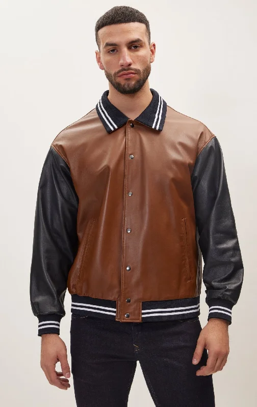 Varsity Leather Jacket With Polo Neck - Black Brown