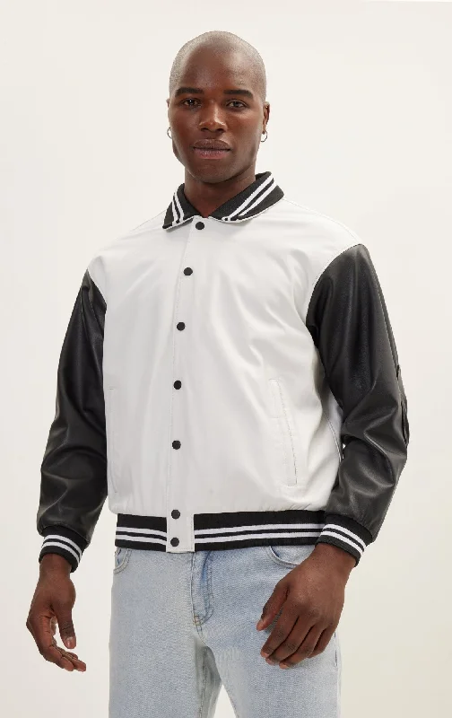 Varsity Leather Jacket With Polo Neck - White Black